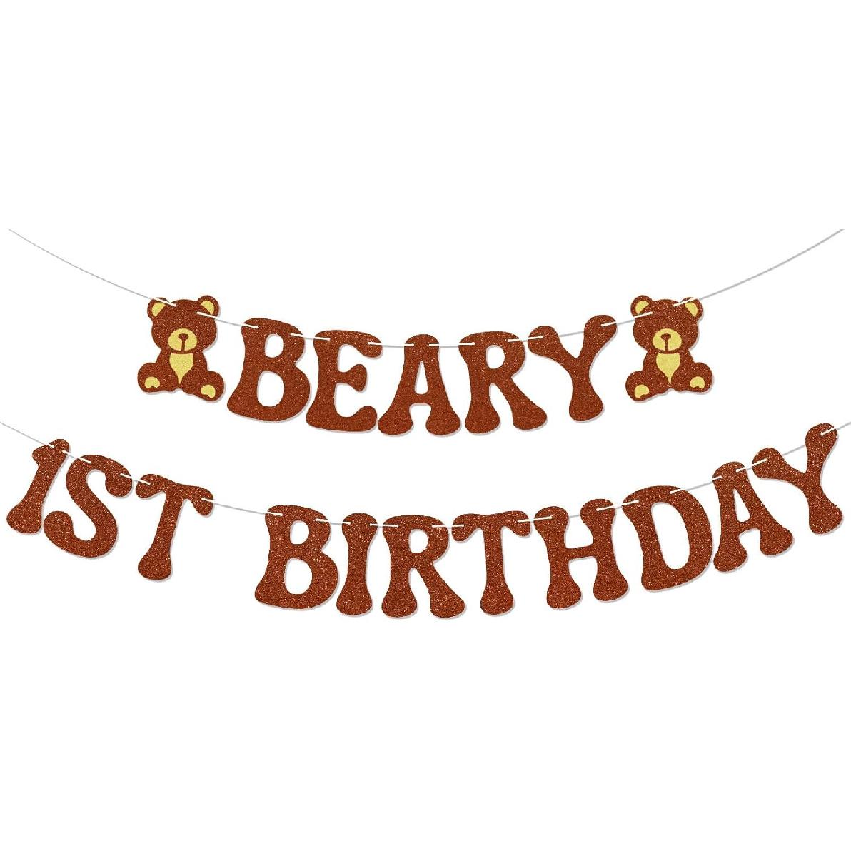 Beary 1st Birthday Banner - My Beary 1st Birthday Banner, Bear One Year Old Bday Party Decorations Brown Glitter
