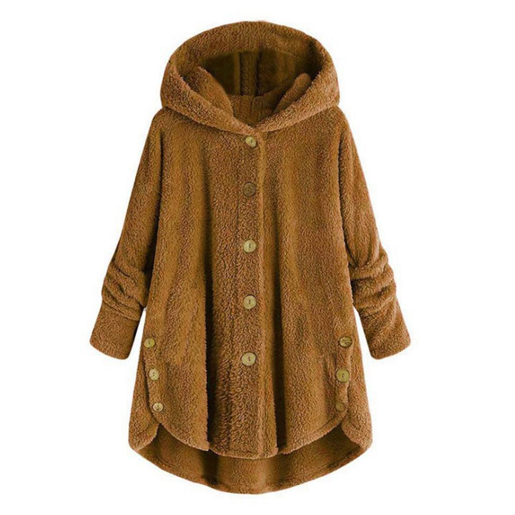 Women's Fashion Solid Color Button Hooded Plush Loose Casual Jacket