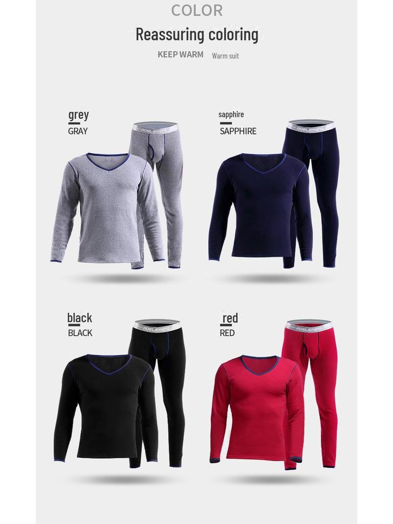 Men's Thermal Low-Neck V-Neck Cotton Suit: Velvet-Lined Sweater & Pants for Autumn/Winter