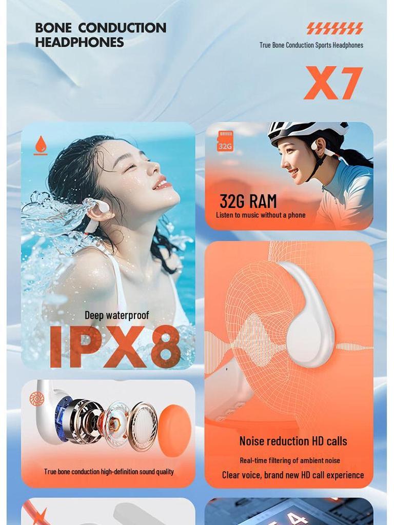 Cross-border X7s Bone Conduction Headphones: Comfortable, Open-Ear Sports Design, 32GB Built-in Storage, Bluetooth for Swimming.
