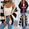 Autumn and Winter Color-blocking Striped Flared Sleeve Cardigan Sweater Mid-length Coat Women's Wear