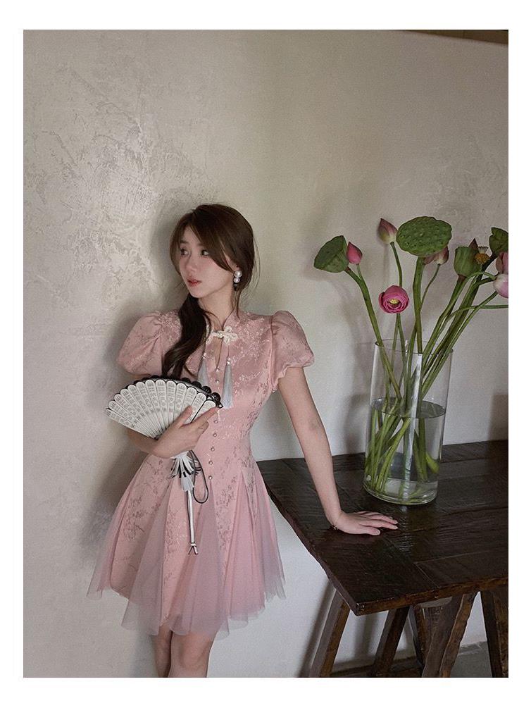 Summer Style National Wind Qipao Dress - Short-Sleeved, Waist-Cinched, Fluffy Skirt for Women