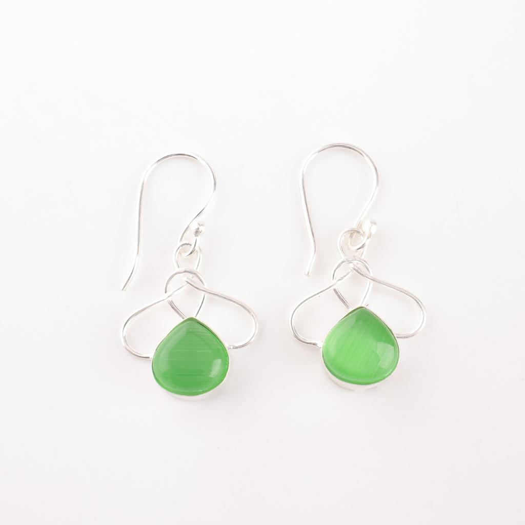 Green Cat's Eye Gemstone 925 Sterling Silver Jewelry Handcrafted Earrings 1.50" EE-2-44
