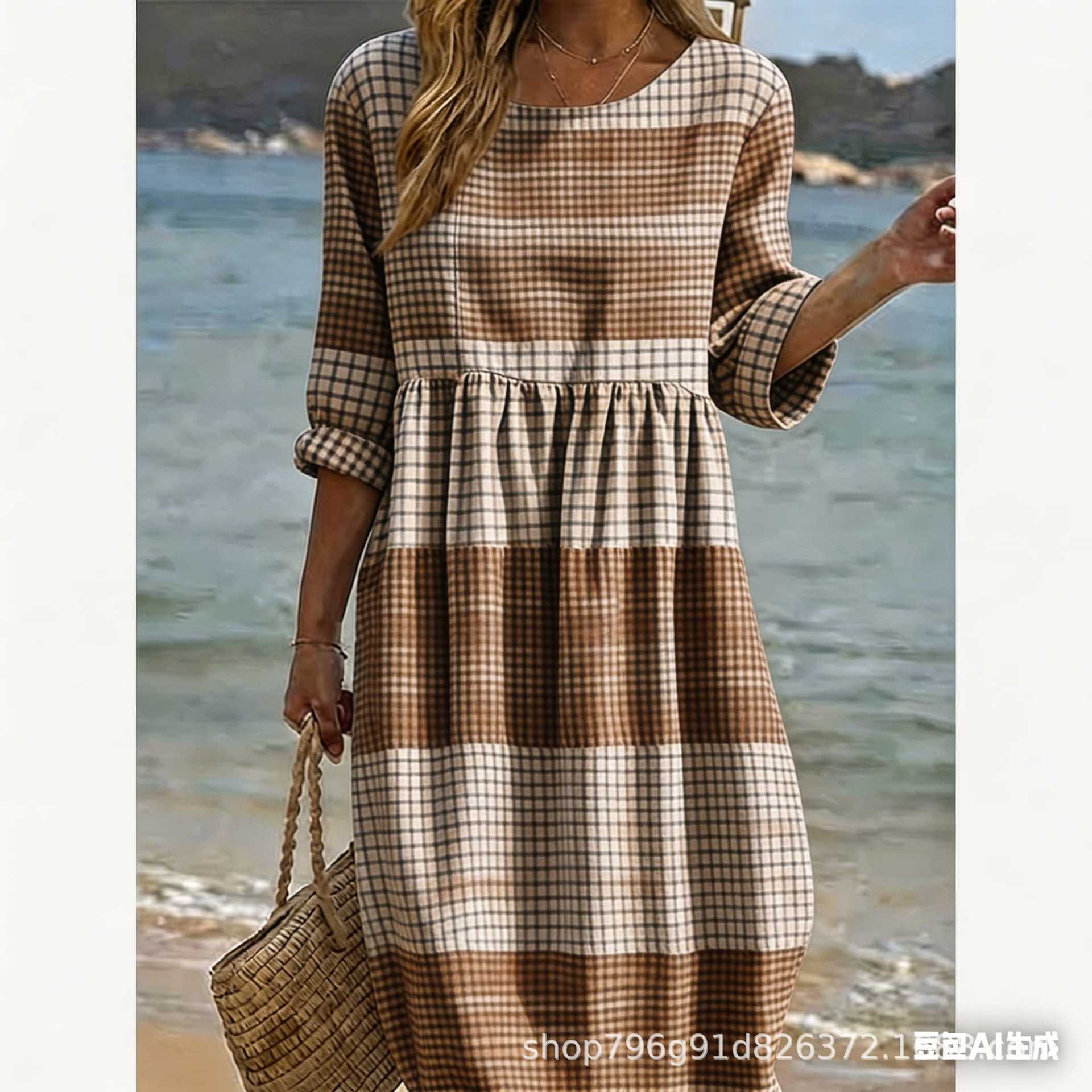 2026 Casual vacation plaid dress, long-sleeved round neck loose and thin cake dress, spring and summer women s style S