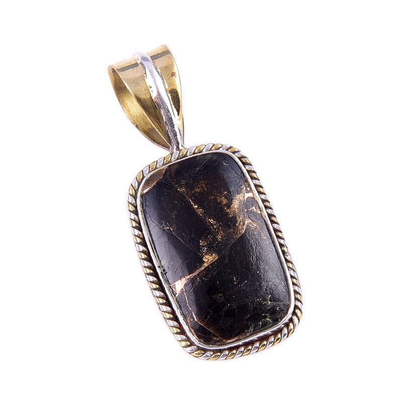 Natural Black Copper Turquoise 925 Solid Silver Gift TwoTone Pendant 1.25" s8Y12