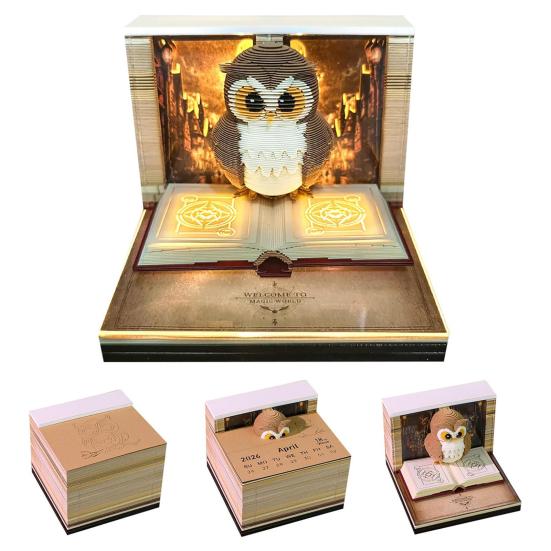 3D Time Piece Calendar Carved Tree Memo Pad 2026 Desk Calendar with LED Light Tear-off Decorative Panda Calendar Christmas Gift for Colleague Friend