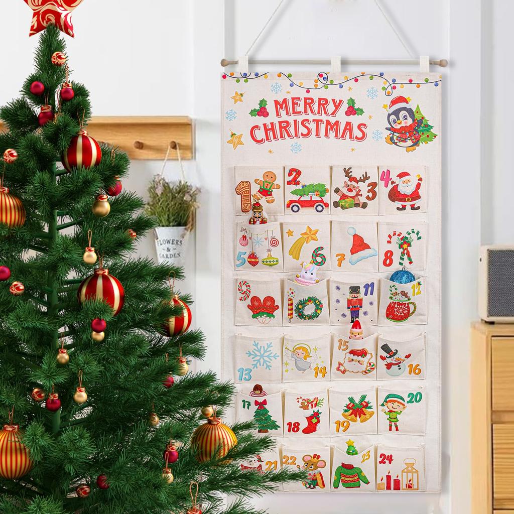 2025 Wall Hanging Christmas Advent Calendar 24Days Christmas Countdown Calendar with 24 Pockets for Xmas Holiday Home Wall Decor