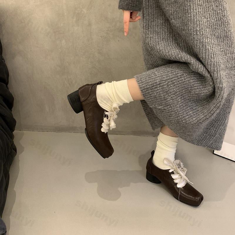 Autumn Women's Shoes 2026 New Versatile Fashion Square Toe Mid Heel Women's High Heels Lace Up Outdoor High Quality Shoes Ladies