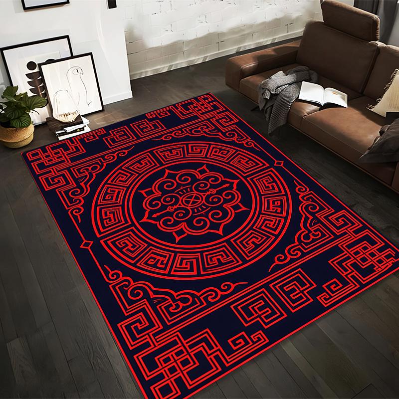 Geometric Red Pattern Carpet, Black Background, Modern Oriental Style Suitable for Use As an Anti-slip for Living Room Bedroom Sofas