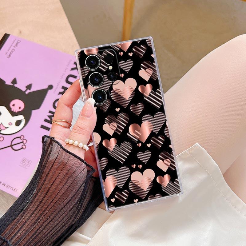 Gold Pink Rose Glitter Hearts Phone Case For Samsung S24 S23 Ultra S22 S20 Plus S21 FE Clear Cases Cover Galaxy S24Ultra Fundas