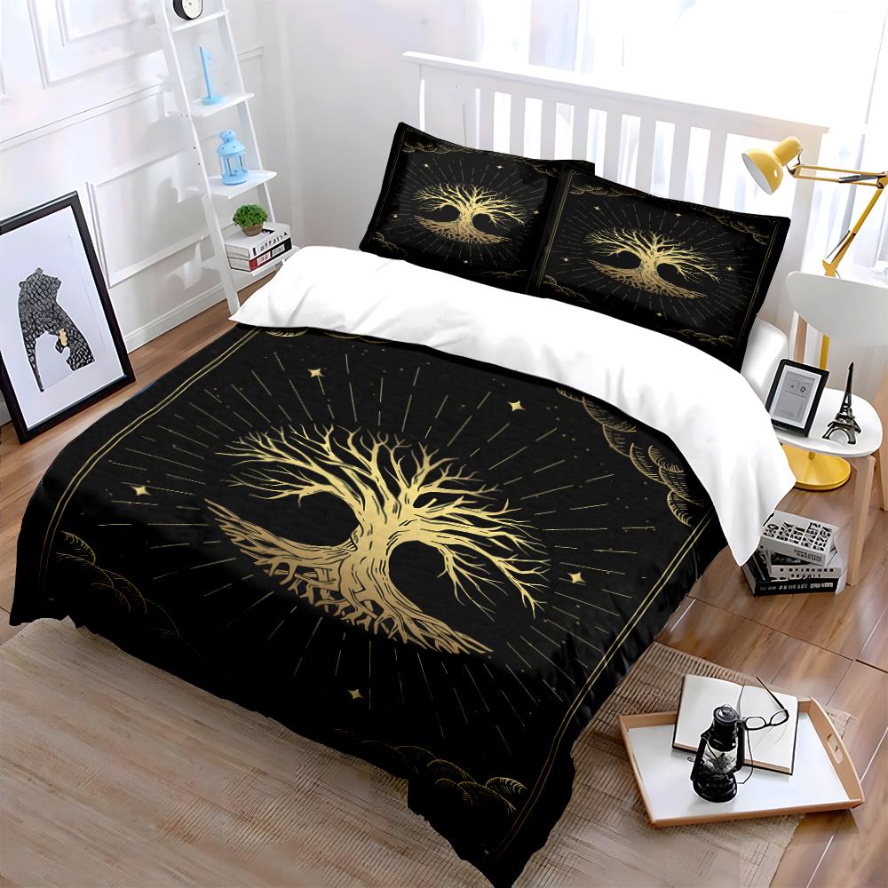 Golden Tree of Life Design Bedding Set Bedding Set (1 Duvet Cover, 2 Pillowcases, Duvet Not Included)