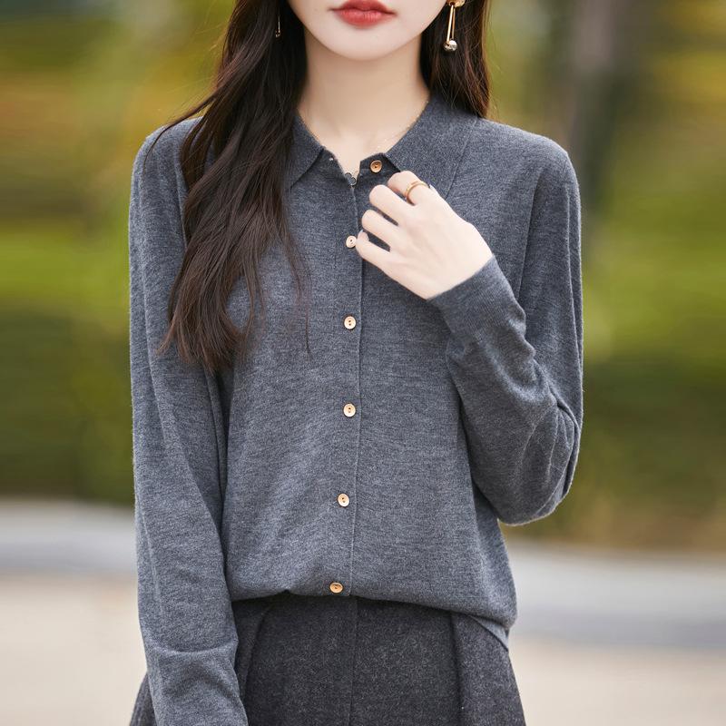 Women's Merino Wool Polo Collar Knit Cardigan - Age-Reducing Thin Sweater Coat