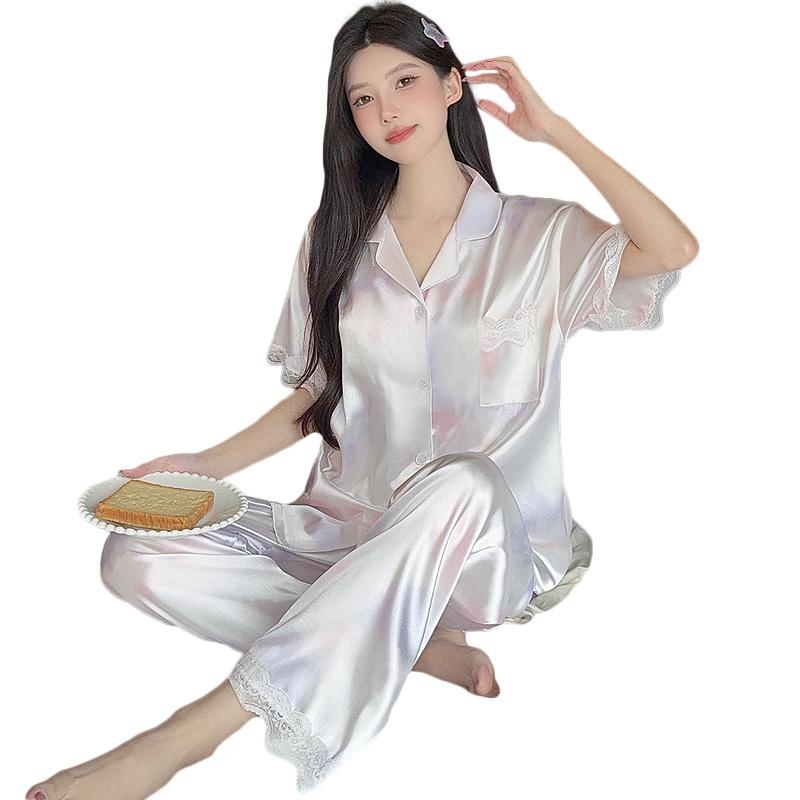 Summer Gentle Lace Edge Ice Silk Pajamas Women'S Smudging Color High-Quality Short-Sleeved Trousers Loungewear Set