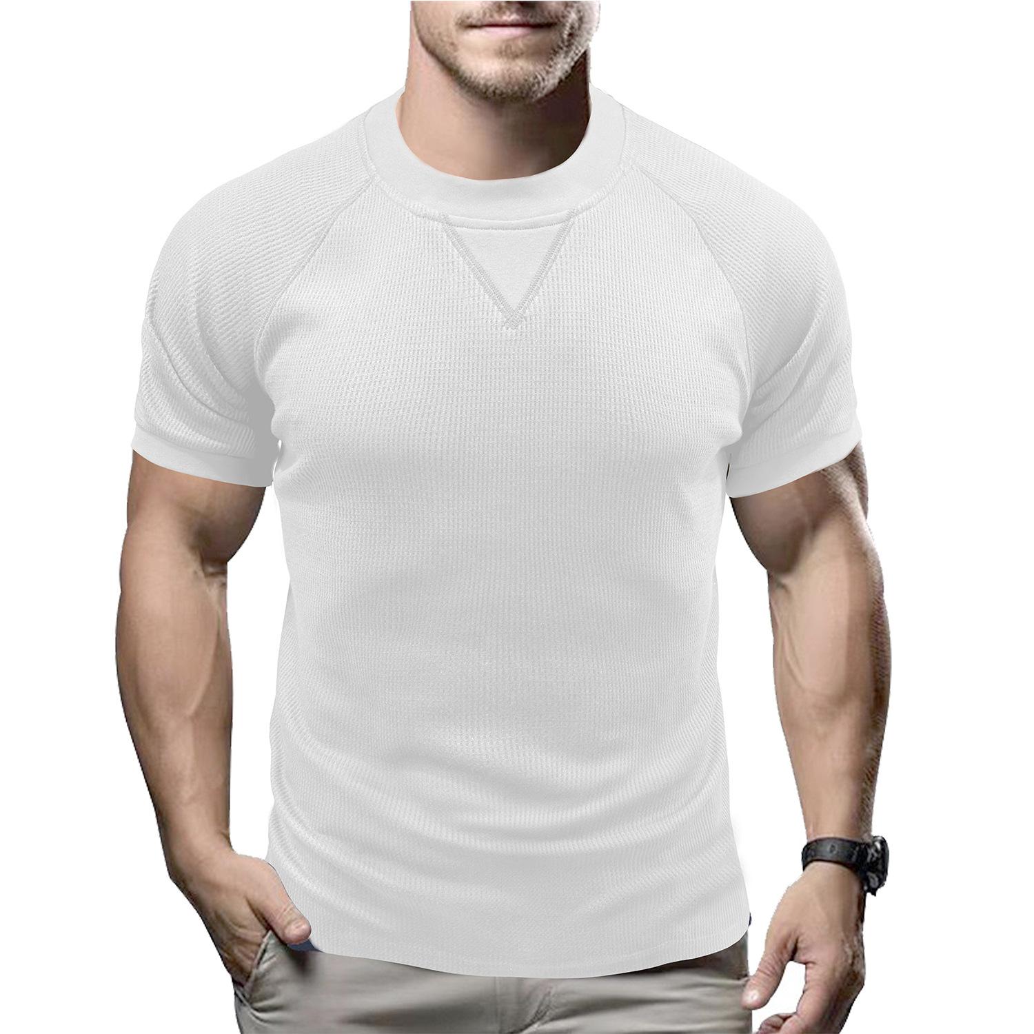 Mens Waffle Crew Neck Short Sleeve Loose Solid Basic T Shirt Top M белый