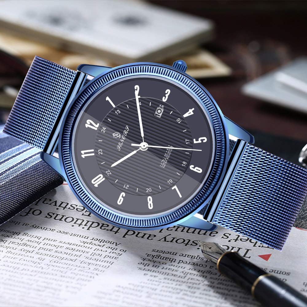 Herrenuhr, Ultra-dünn, Klassisch, Schlicht, Schwarzes Edelstahl, Mode, Freizeit, mit Kalender, Wasserdicht, Mailänder Stil (blau)