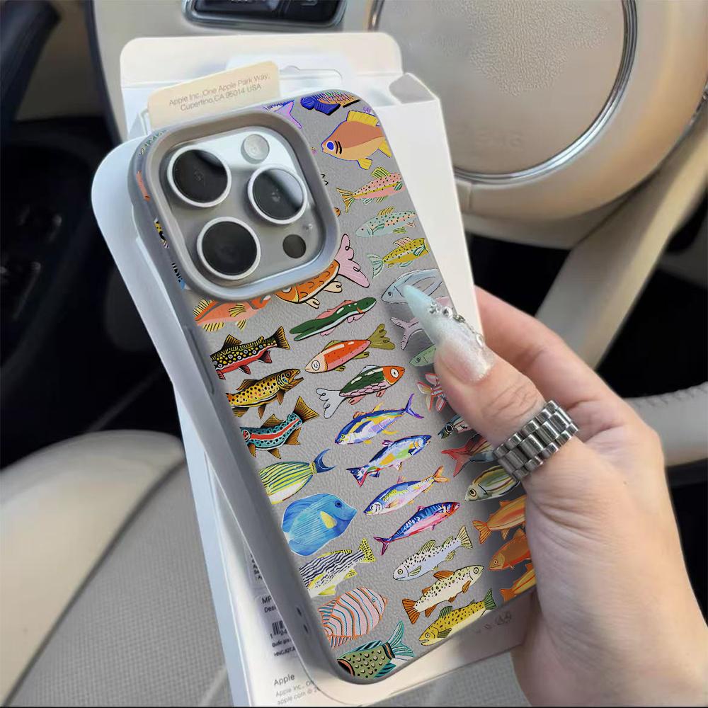 Cute Fish School Pattern Lychee Soft Phone Case For iPhone 17 16 15 14 13 12 11 Pro Max Air 15 16 Plus X XR XS Shockproof Cover
