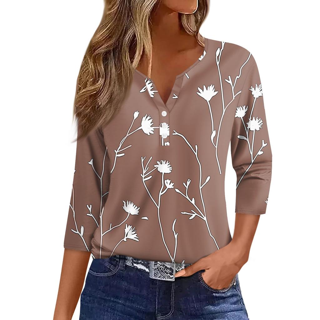 Women's Fashion And Leisure Flower Print V Neck 3/4 Sleeve Button Top T-shirt Top