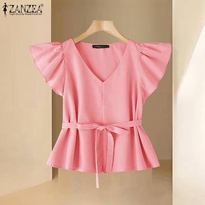 Damen Lässig V-Ausschnitt Kappenärmel Sommer Locker Bluse