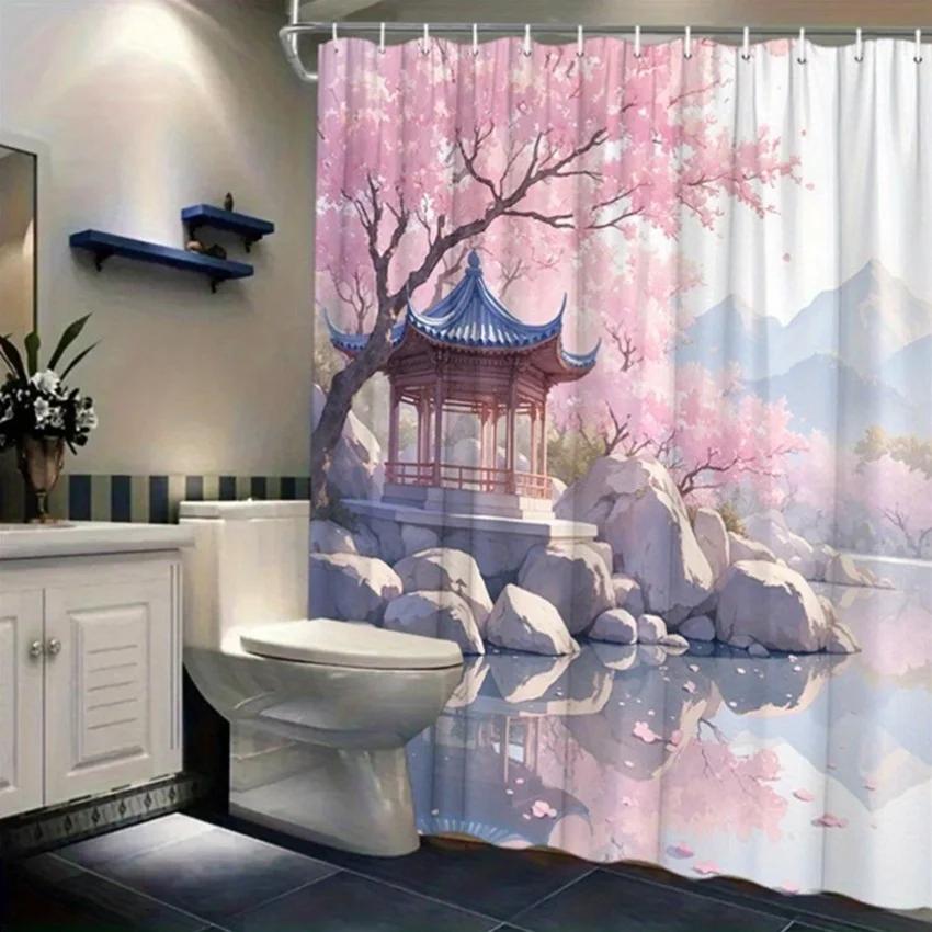Zen Garden with Pagoda and Cherry Blossoms Shower Curtain - Water-Resistant, Easy to Clean, Adds a Peaceful and Oriental