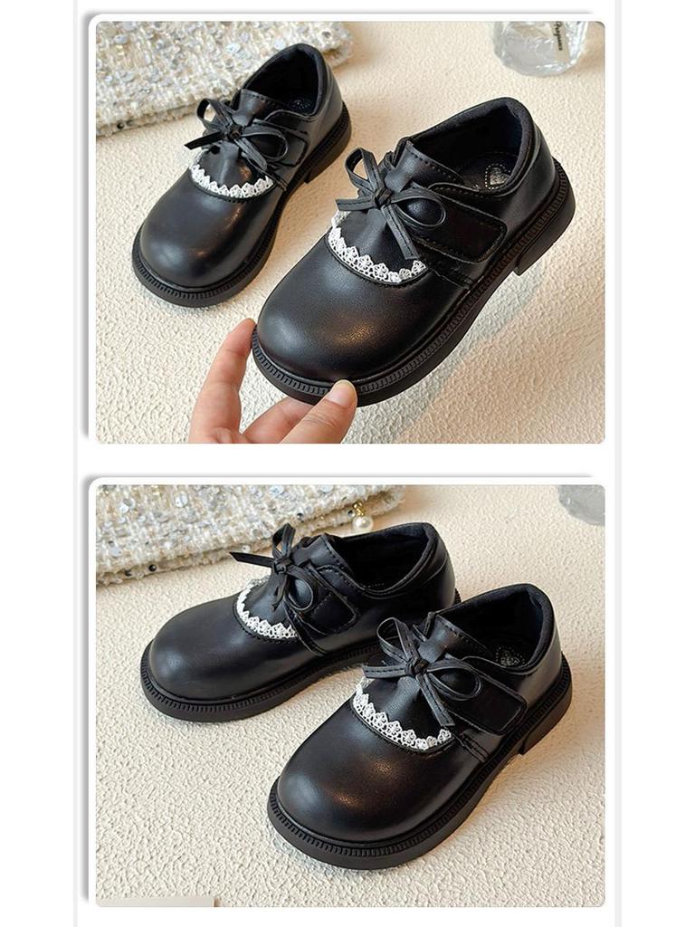 Sapatos de Princesa com Laço de Couro para Meninas com Sola Macia e Acabamento em Renda para Primavera e Outono