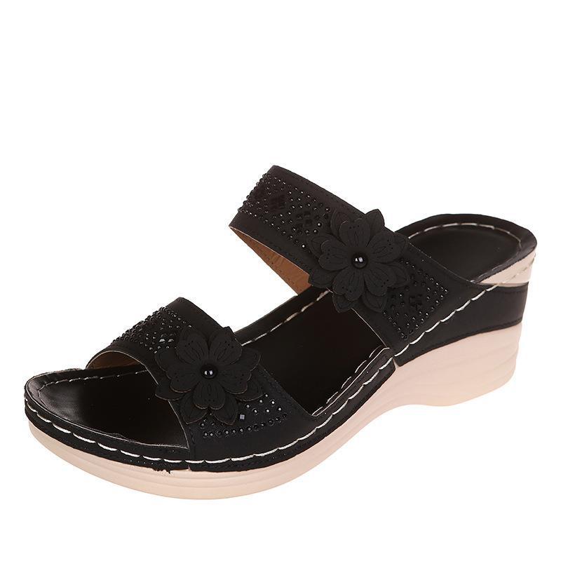 Large size summer new retro casual flower high heel one-character women's wedge heel slippers