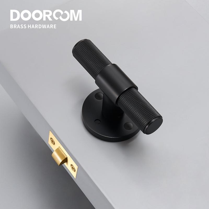 Dooroom Brass Door Lever Set Modern Knurled T-bar Interior Bedroom Bathroom Double Wood Door Lock Set Dummy Knob Hidden Door