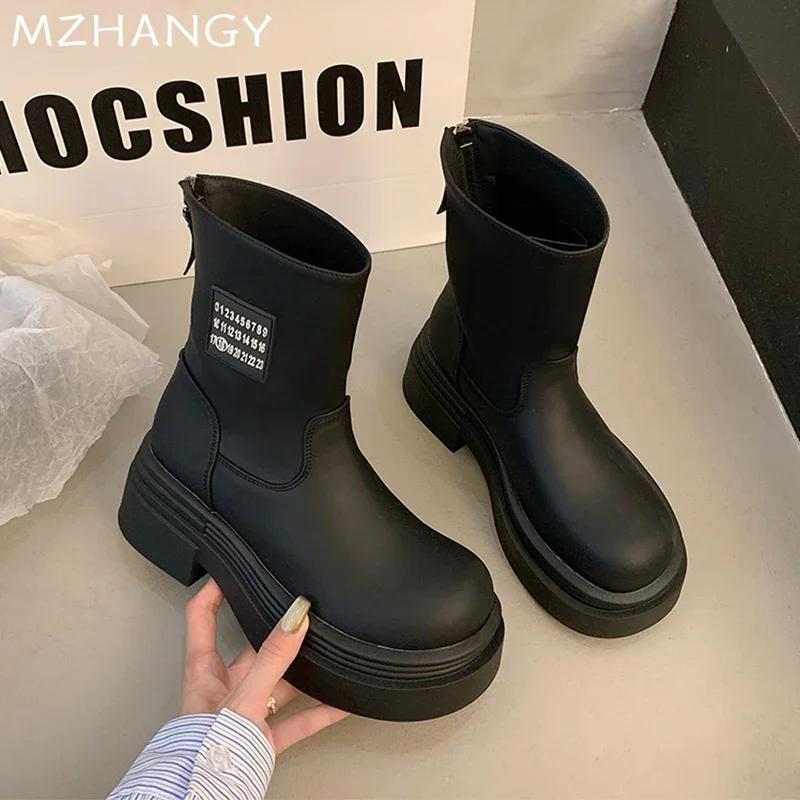 Платформа Женские Высокие Сапоги Высокий Каблук Кожаная Модная Женская Обувь Ботильоны — фото 4