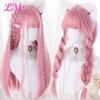 Lm peruca cosplay com franja, cabelo sintético liso, 24 tamanhos, longa, resistente ao calor, rosa, para mulheres