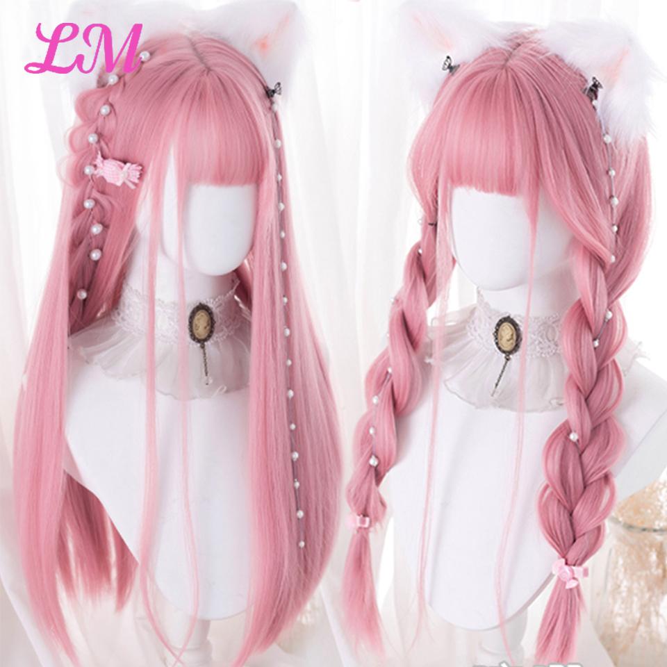 LM Cosplay-Perücke mit Pony, synthetisches glattes Haar, 61 cm lang, hitzebeständig, rosa Perücke für Frauen