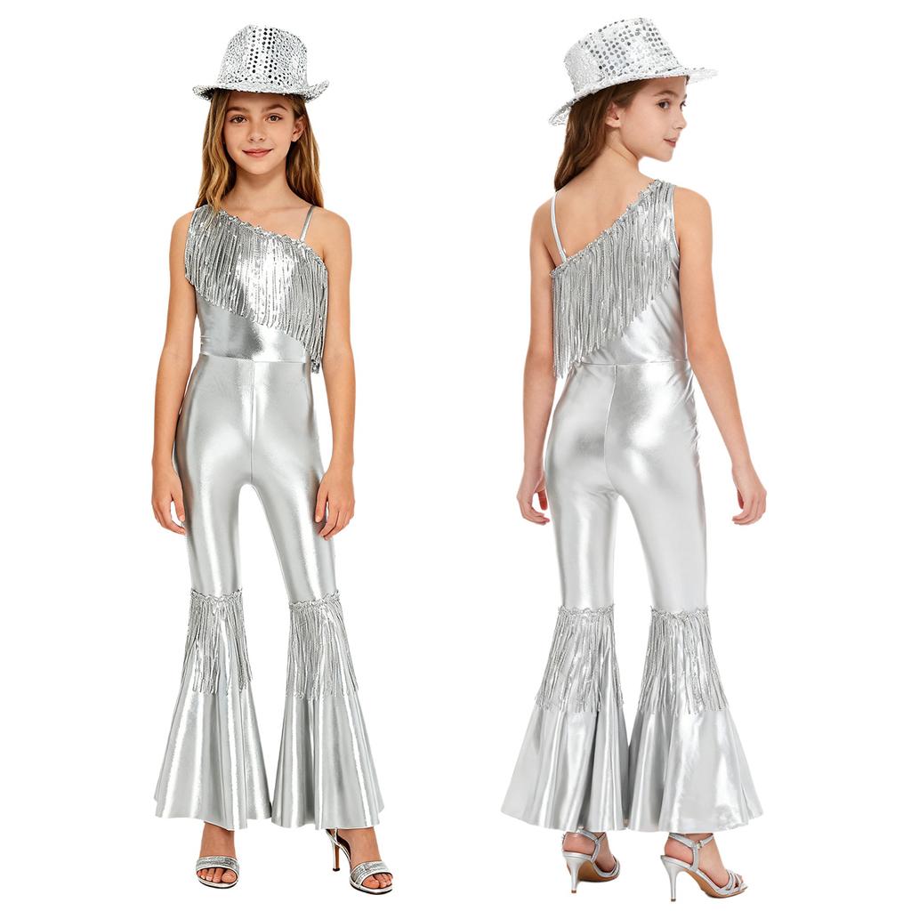 Girls Jazz Dance Jumpsuit Sleeveless One Shoulder with Sequins Tassels High Waist Bell Bottoms and Fedora Hat for Pageant Banquet