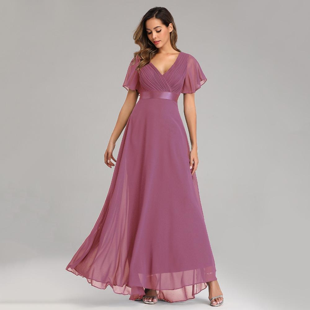 Summer Spring V Neck Flared Sleeve Chiffon Dress Elasticity Plus Size Evening Gown Hand Pleated A Line Bridesmaid Dress