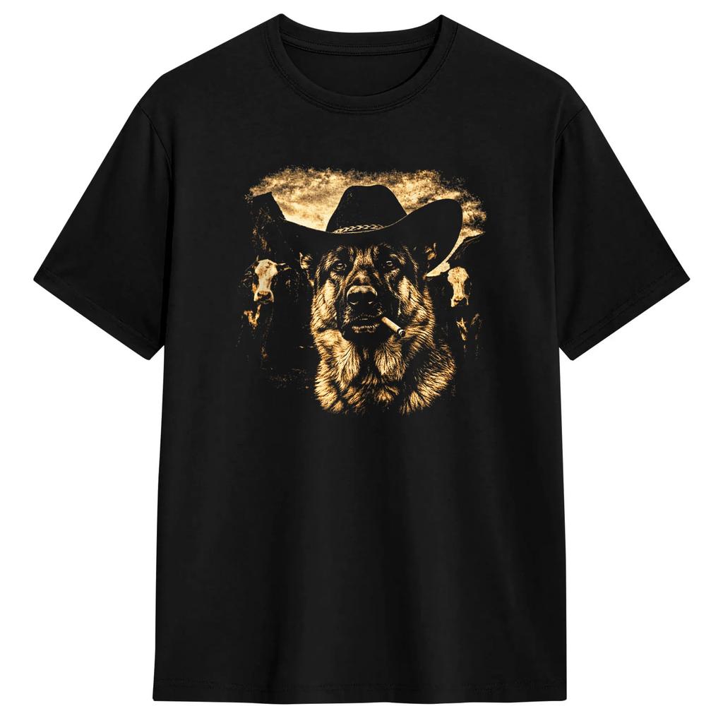 Gerunisex Shepherd Western Graphic Cowboy Dog Smoking Humor Tshirt Beach Fashion Tshirts Pure Cotton Crew Neck Plus Size Tees