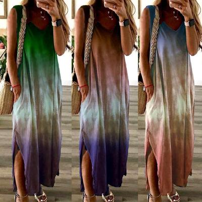 Women V Neck Sleeveless Gradient Color Pockets Slitting Hem Long Dress