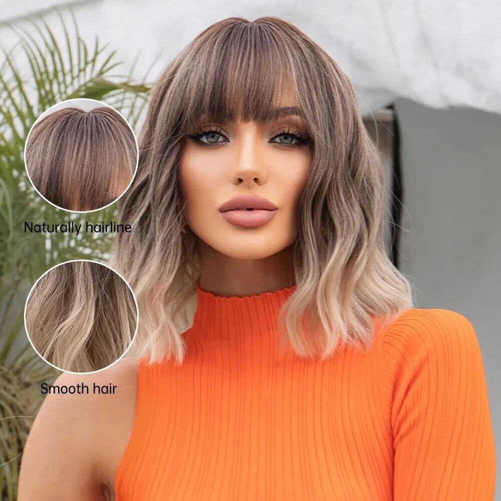 Parrucche da Donna Bob Mosse con Frangia Corte Biondo Marrone Ombré Sintetiche Capelli Naturali per Uso Quotidiano Cosplay Fibre ad Alta Temperatura
