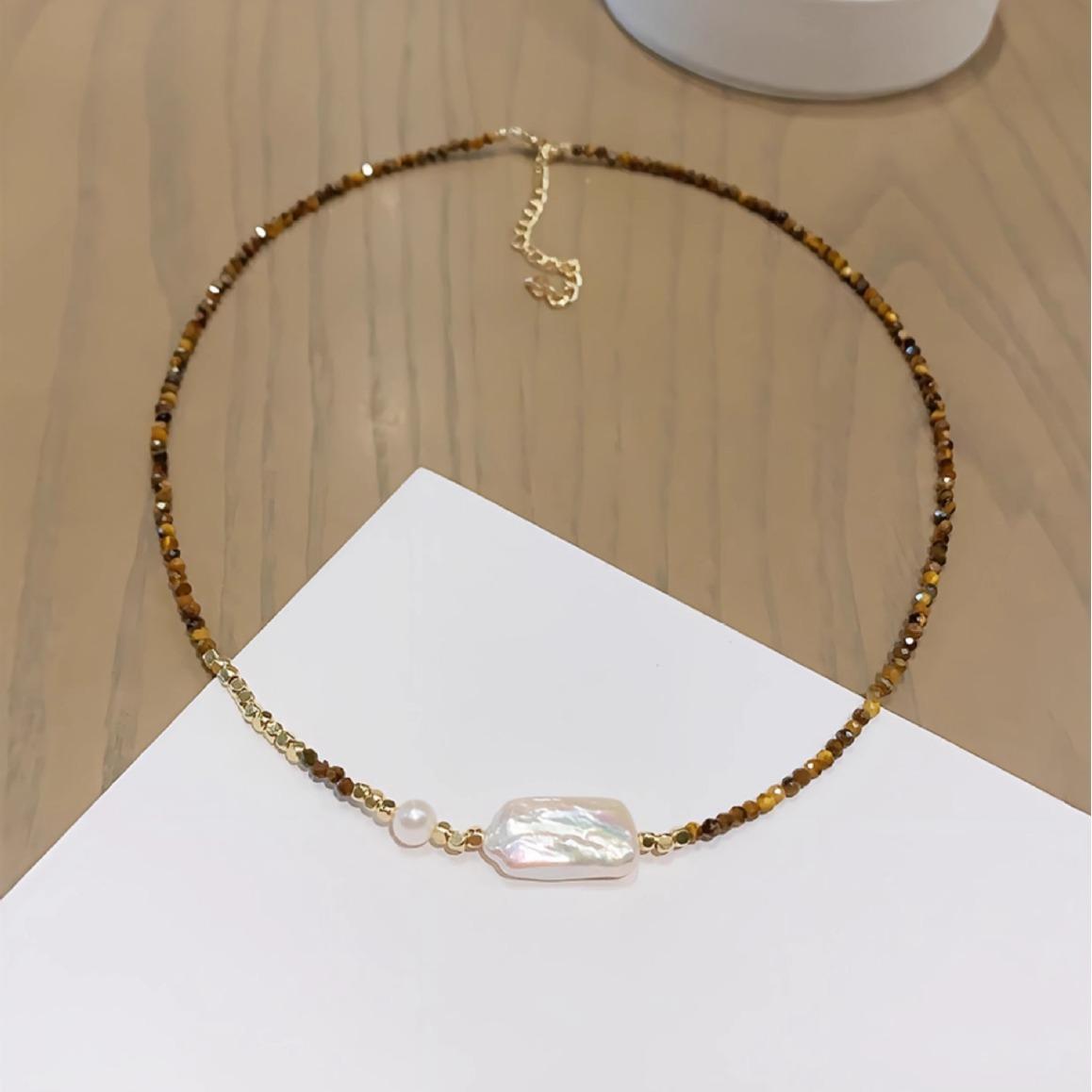 

Hot Sell 100% Natural Freshwater Pearl & Tiger-eye Stone 14K Gold Filled Female Beads Chain Necklace For Women Gifts