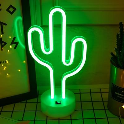 LED Cactus Neon Sign with Base - USB and Battery Powered Night Light, Bedroom Living Room Bedside Desk Light USB Gadget