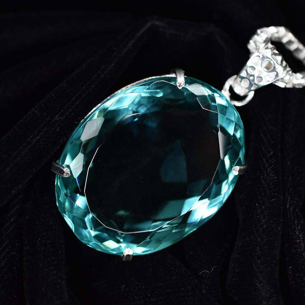925 Sterling Silver Oval Pendant Aquamarine 137 Ct Certified Lab Created