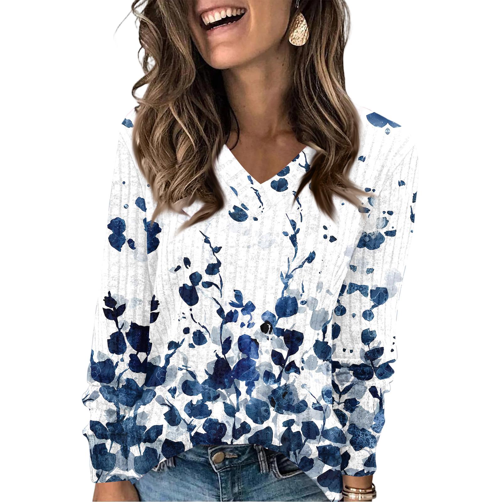 

Женская модная футболка оверсайз с V-образным вырезом и цветочным принтом, пуловер с длинным рукавом XXL