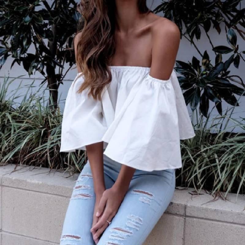 Stylish Summer Off Shoulder Ruffle Hem Loose Fit Top Women Urban Fashion Tee