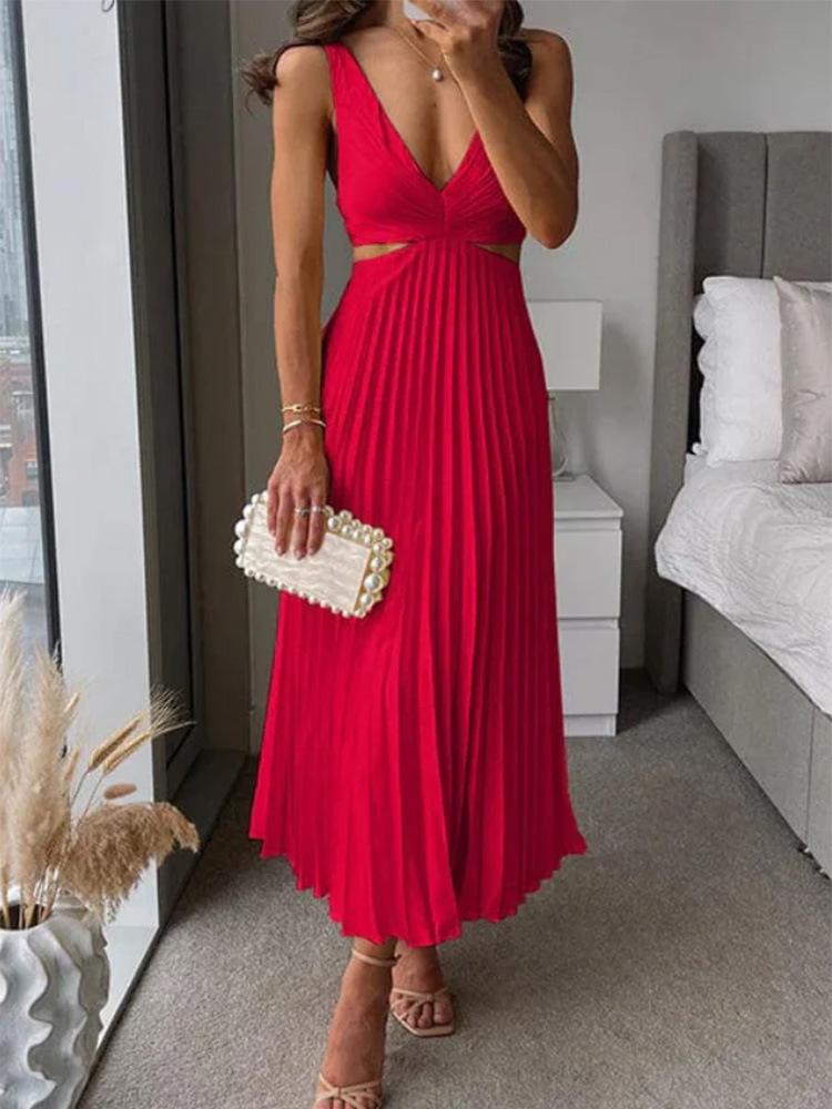 2024 Summer Elegant V-Neck Sleeveless Backless Pleated Dress for Women