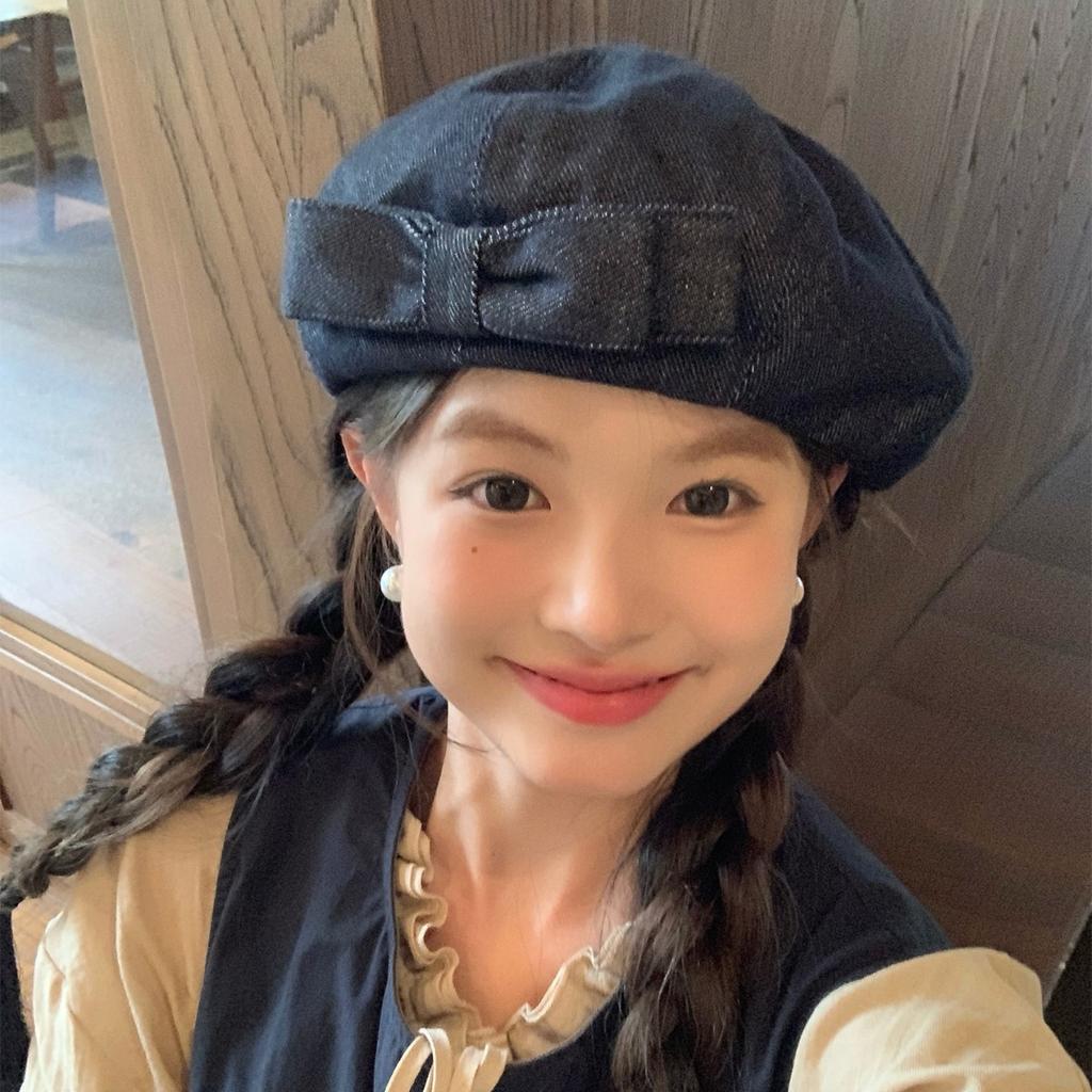 Hand made Sweet Double Layered Bow Denim Beret Hat for Women with A Small Face and Big Head Circumference Painter's Hat