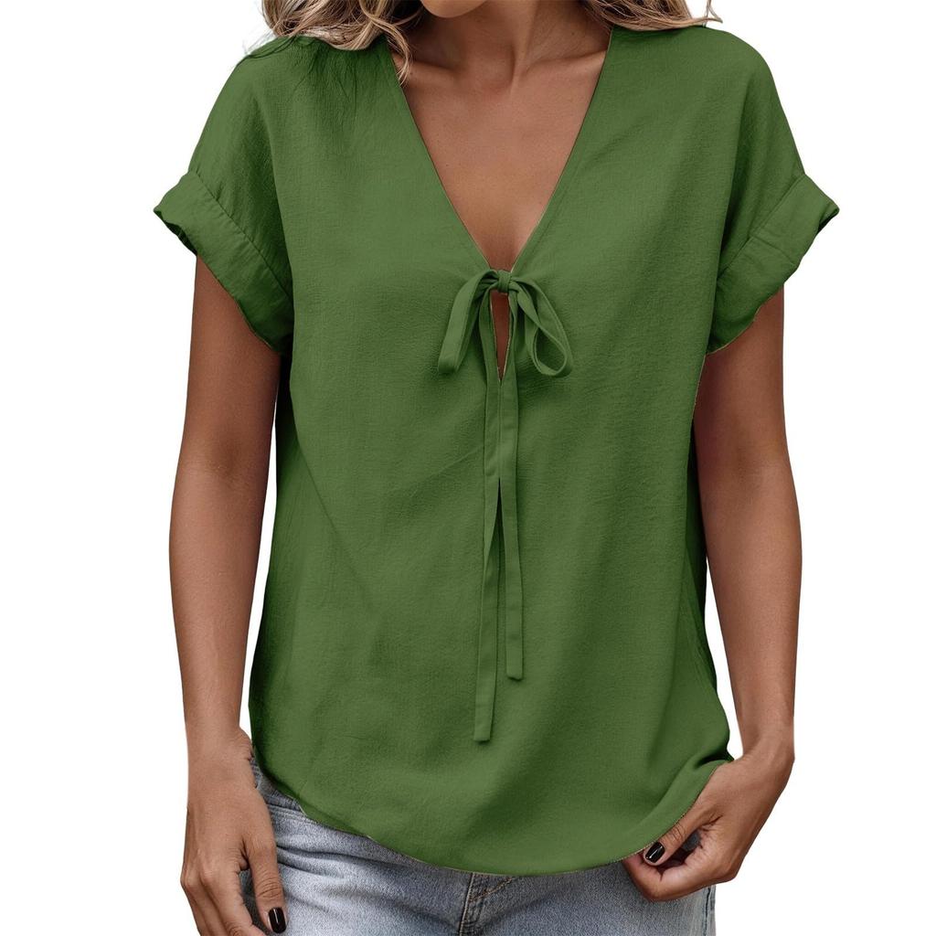 Women's Fashion Casual -Colour V-Neck Tie-Front Short-Sleeved T-Shirt Top