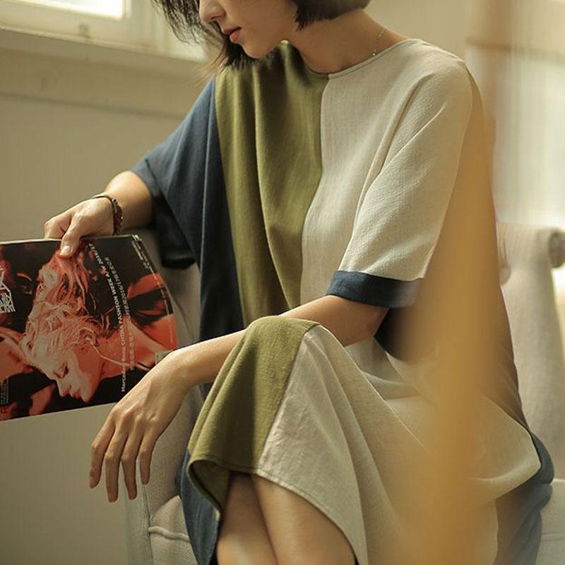 Casual Contrasting Colors Dresses Patchwork Women's Clothing Basic Short Sleeve Summer Loose O-Neck Vintage Straight Midi Dress