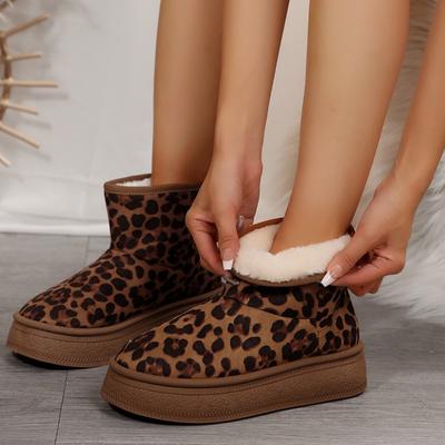 Winter Neue Flache Schneestiefel Damen Runde Zehen Wildleder Leopardenmuster Weiche Sohle Rutschfest Abriebfest Dicke Sohle Kurze Stiefel