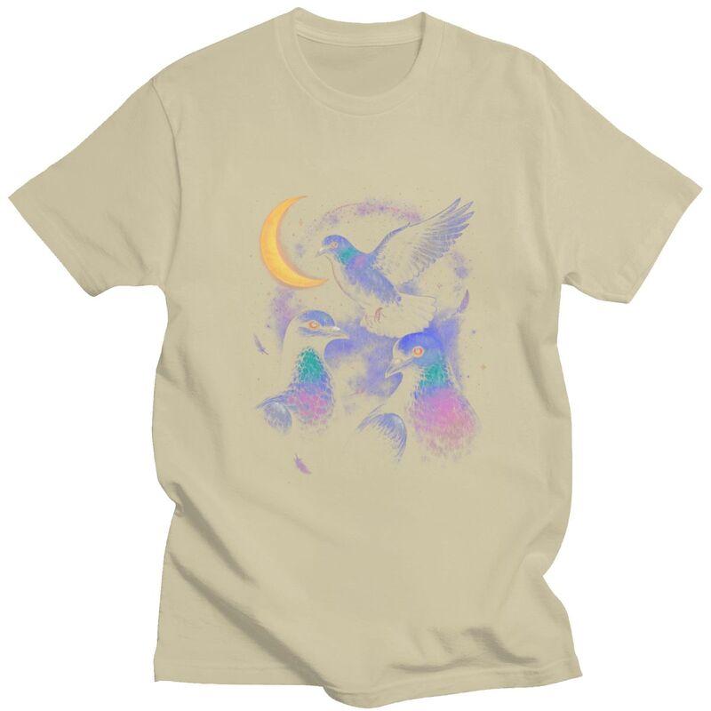 Male Cosmic Pigeons Under The Crescent Moon T Shirt Pure Cotton Colthing Fashion Casual Design Graphic Tees Shirt