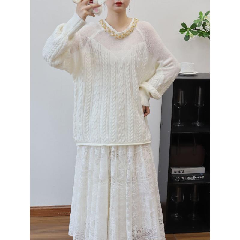Autumn and winter new bead design knitted sweater top loose soft waxy gentle wind sweater pullover woman