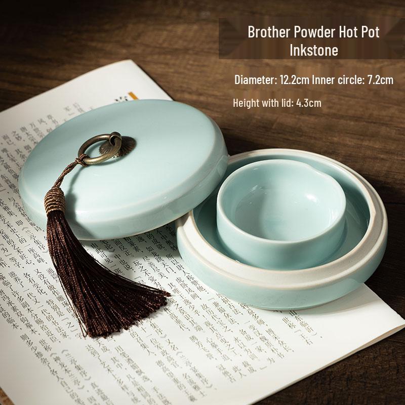 Ru Kiln Celadon Inkstone: Double Circle Inkwell with Lid, Anti-Dry Calligraphy Ink Dish, Antique Ink Box.