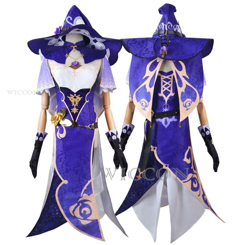Genshin Lisa Kostium Cosplay Anime Gra Genshin Impact Lisa Peruka Sukienka Kapelusz Rękawiczki Stroje Lisa Kostium na Halloween Dla Kobiet