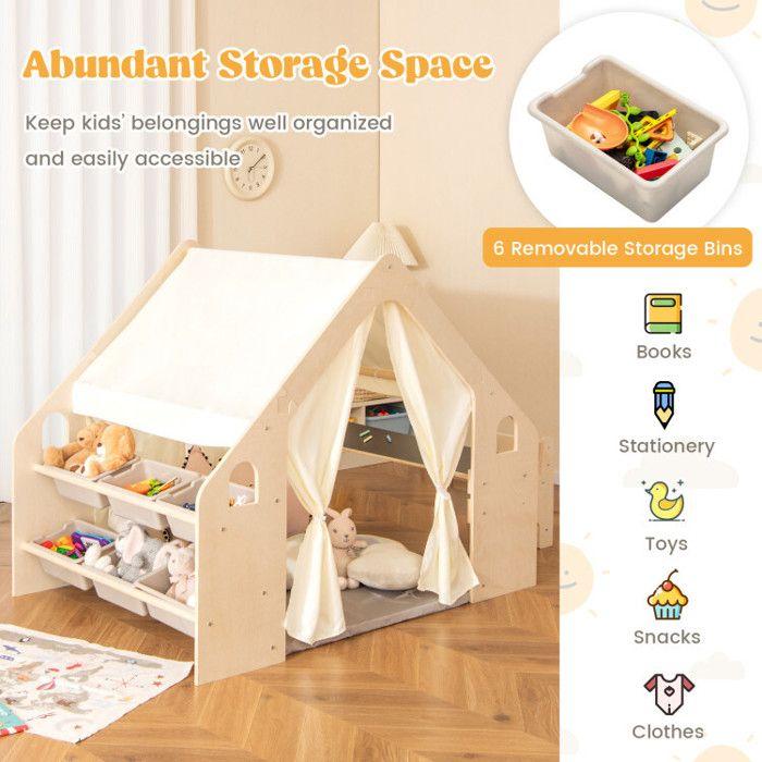 Maison de jeu en bois 6 en 1 - GINGER HOME - Tente, Table, Chaise, Tableau noir - Montessori - Dès 2 ans