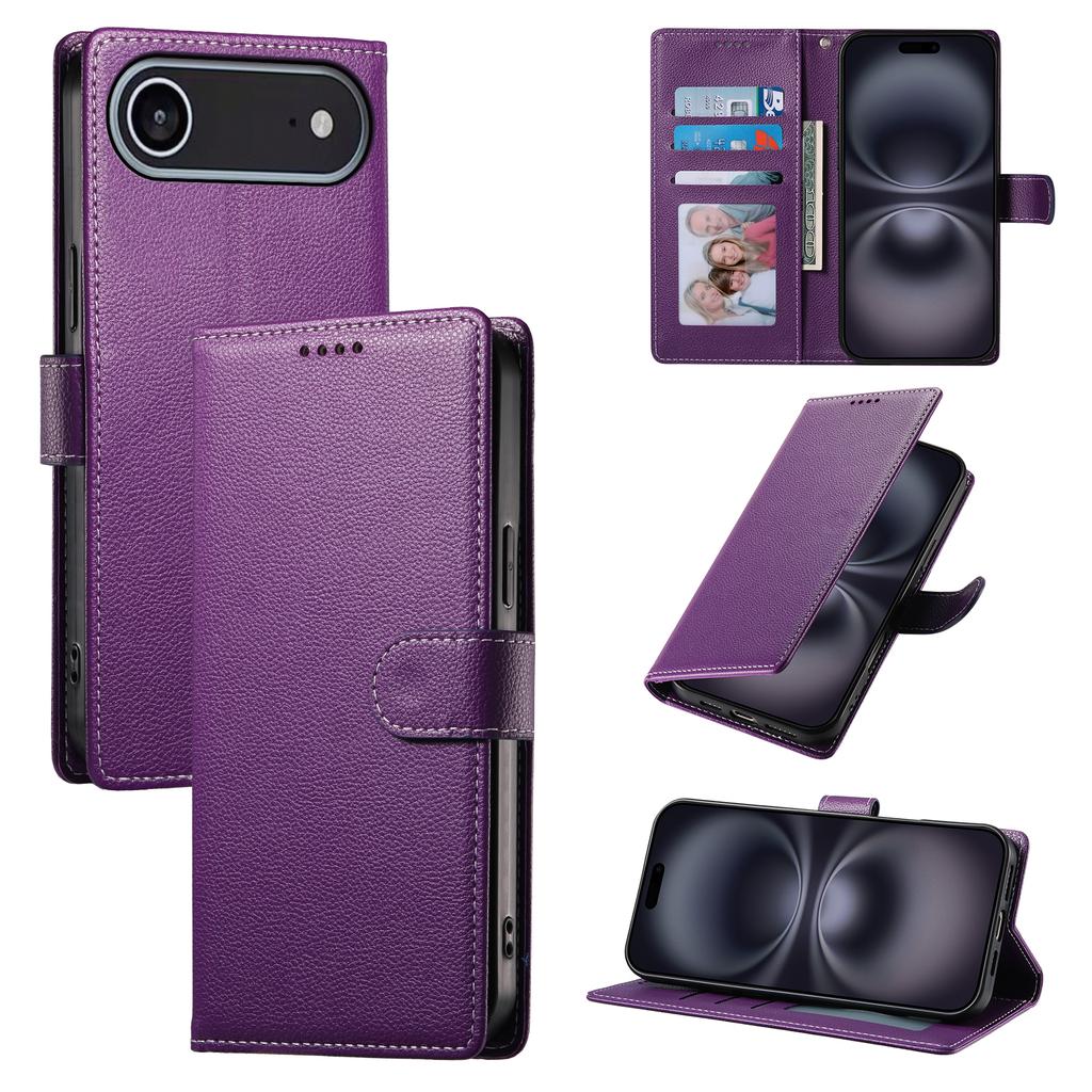 For iPhone 17 Air Case Magnetic Snap Litchi Texture Leather Wallet Phone Cover with Wrist Strap